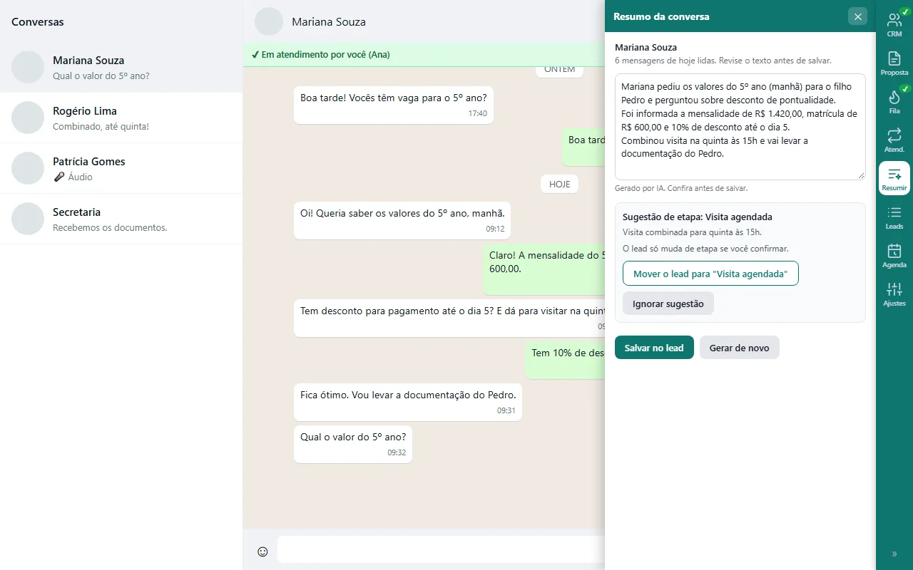 Painel Resumo da conversa com texto gerado por IA, sugestão de etapa e botões Salvar no lead e Gerar de novo