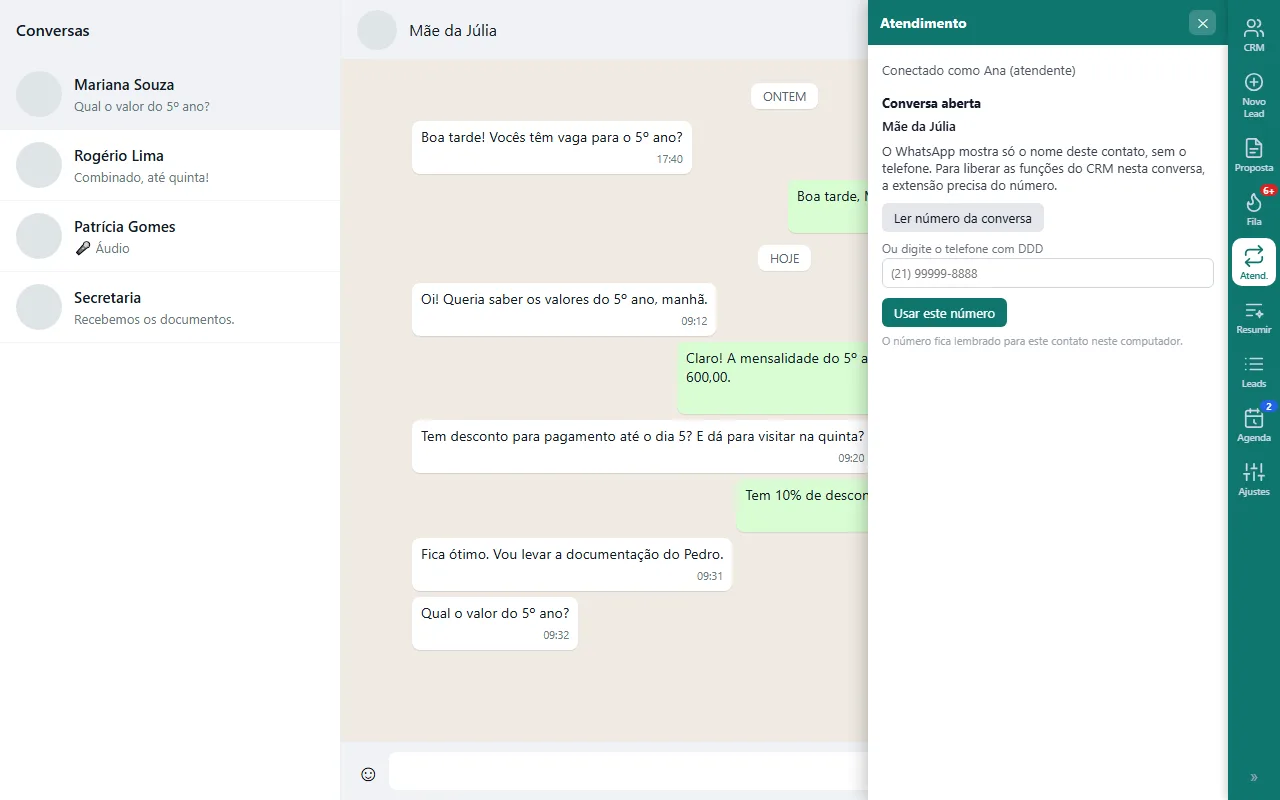 Painel pedindo o telefone de um contato que o WhatsApp mostra só pelo nome, com o botão Ler número da conversa