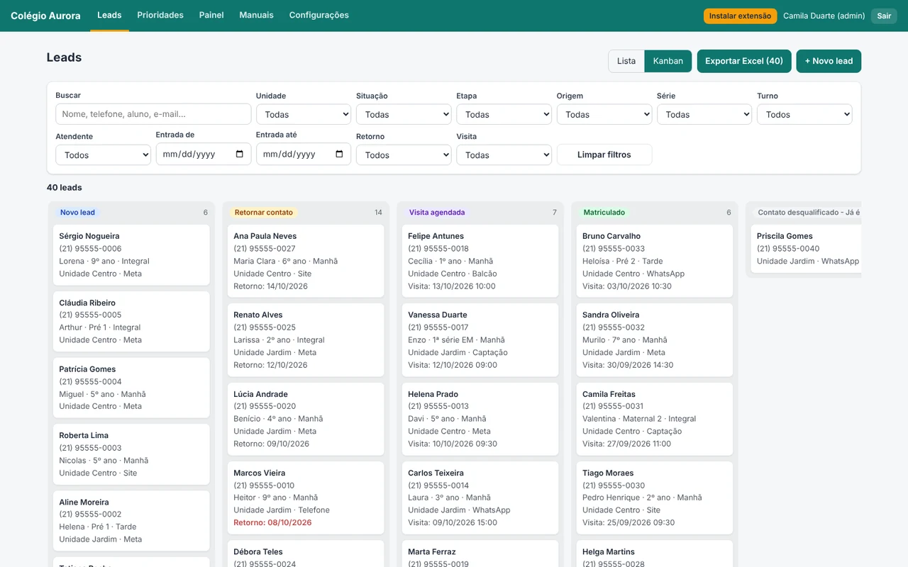 Visão Kanban dos leads, com uma coluna para cada etapa do funil