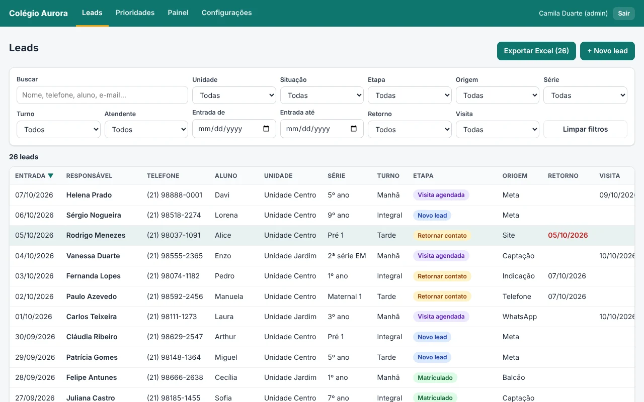 Tela de Leads com lista, filtros e botão para exportar Excel